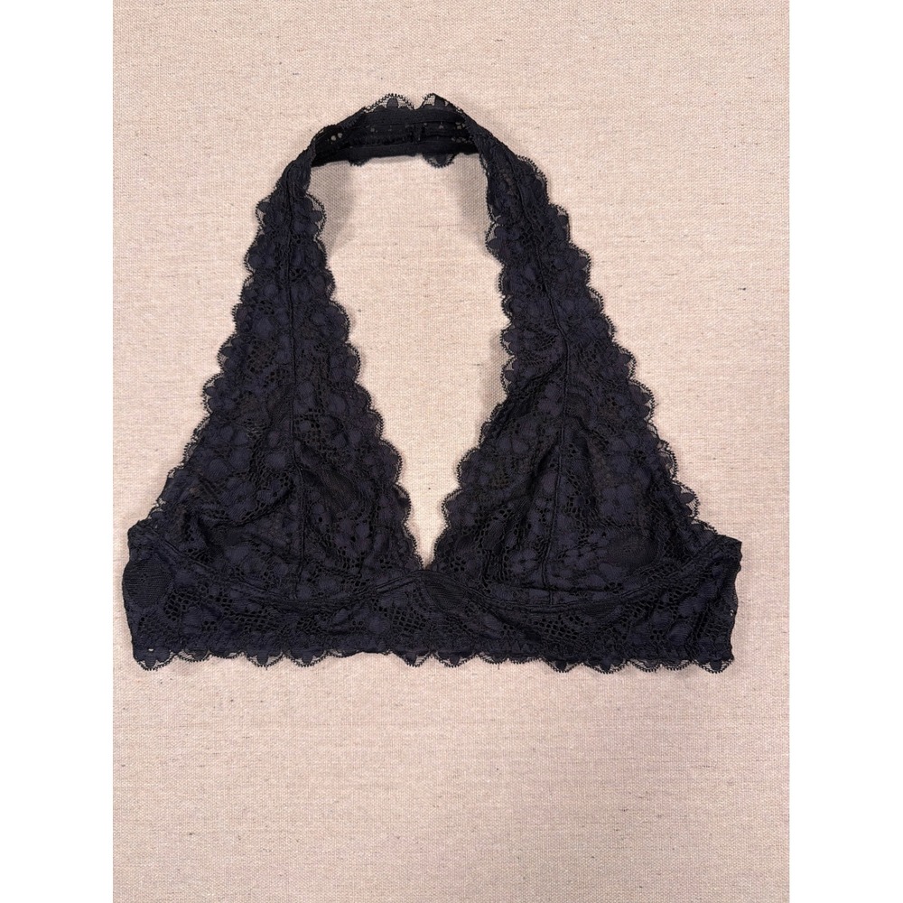 Intimately Free People Black Floral Lace Halter Bralette Large Hook Eye Closure